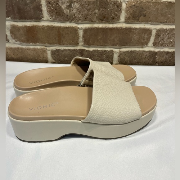VIONIC Plateau Leather Slides Platform Slip on Sandals Beige Orthotic Size 10 - Picture 3 of 10